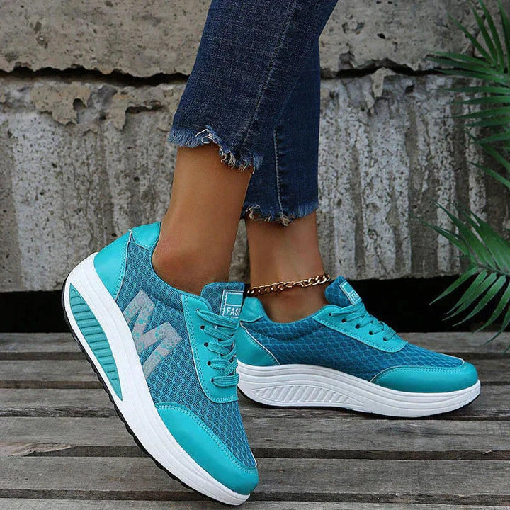 Health footwear: women's orthopedic mesh sneakers, wedge sole provides posture & arch support.