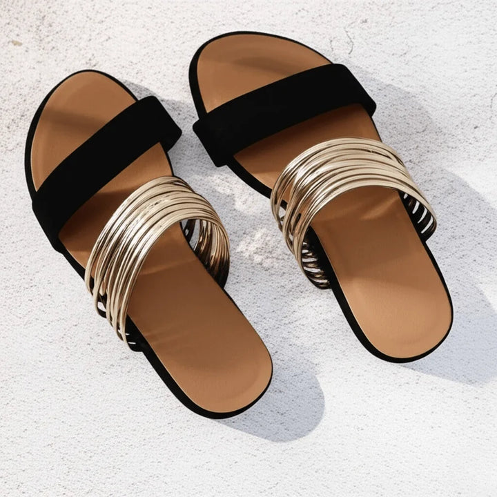 Women's metallic multi-strap orthopedic slide sandals, comfort footwear with arch support for summer.
