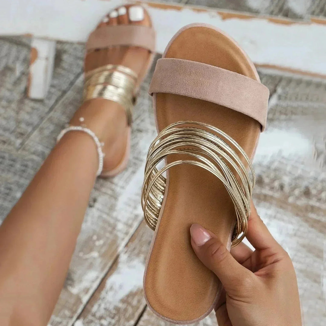 Orthopedic metallic multi-strap slide sandals for women with arch support & wide toe comfort.