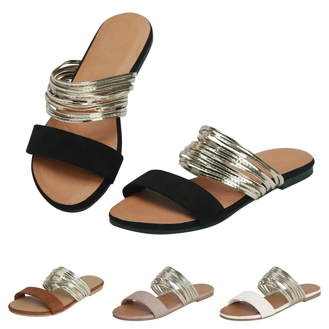 Women's orthopedic summer slide sandals, metallic multi-strap design for ultimate comfort & arch support.