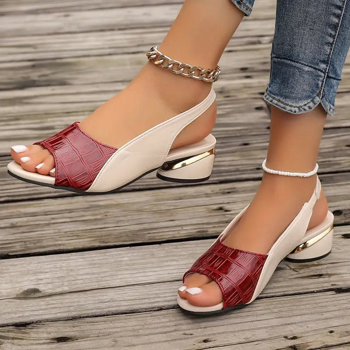 Supportive women's slingback sandals with block heel, open toe design & arch support for all-day comfort.
