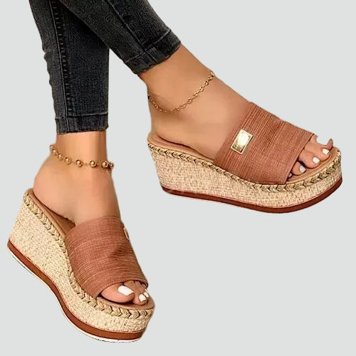 Women's orthopedic platform espadrille wedge sandals with a single strap, offering comfort and stylish summer support.