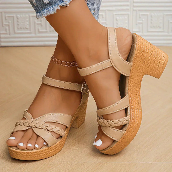 Orthopedic platform sandals for women. Features a comfortable footbed, block heel & stylish braided details.