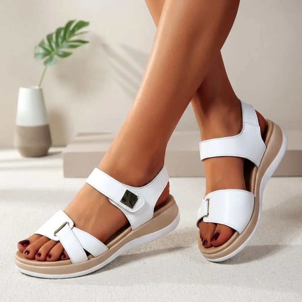 Women's orthopedic platform sandals with adjustable Velcro straps for arch support & comfort. Perfect summer footwear.
