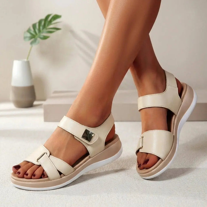 Open-toe women's comfort platform sandals with adjustable Velcro straps, offering orthopedic arch support for casual wear.