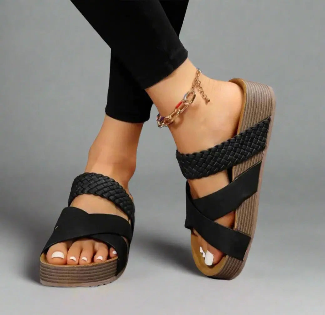 Brown women's supportive orthopedic platform sandals with elegant braided straps for all-day comfort.