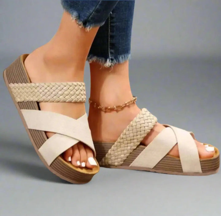 Snake print women's orthopedic platform sandals with chic braided straps, offering supportive comfort.