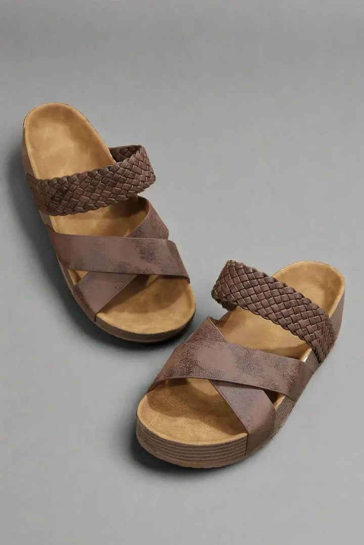 Black women's orthopedic platform sandals with braided design, providing comfort & support for daily wear.