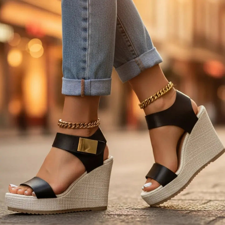 Stylish women's platform wedge sandals with ankle strap, perfect for summer dresses & comfortable everyday wear.