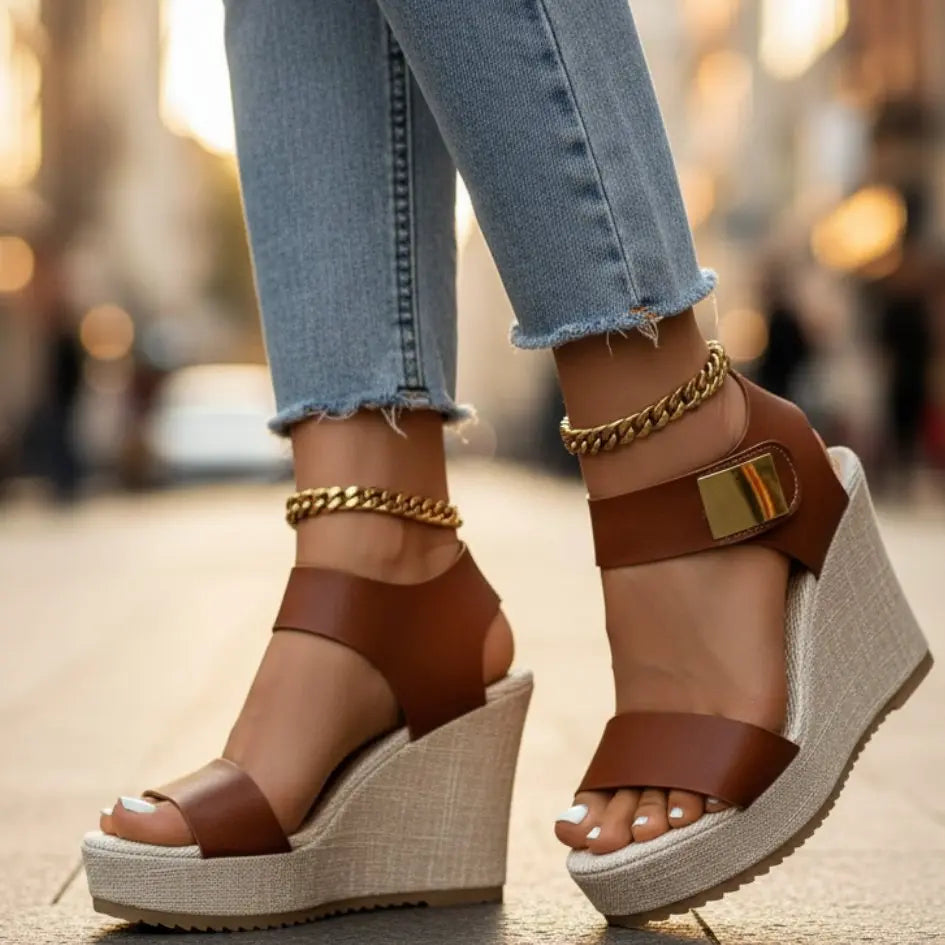 Women's walking platform wedge sandals with ankle strap. Orthopedic design ensures comfortable steps & stability.