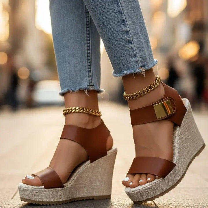 Women's walking platform wedge sandals with ankle strap. Orthopedic design ensures comfortable steps & stability.