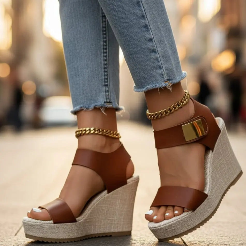 Elegant women's platform wedge sandals with ankle strap. Orthopedic comfort meets summer style for various occasions.