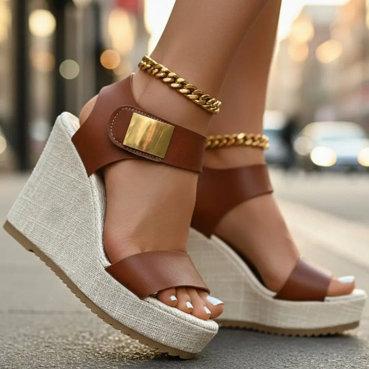 Women's orthopedic platform wedge sandals, featuring a comfortable ankle strap. Ideal for summer, walking, & dressy style.
