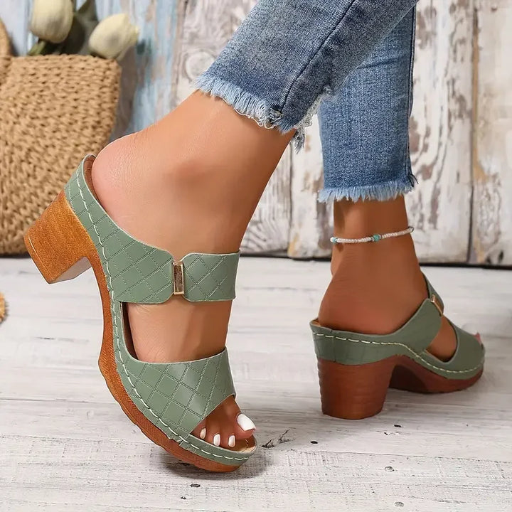 Cushioned orthopedic women's sandals, quilted platform design, stable block heel for comfort & style.