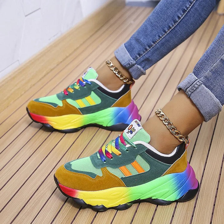 Women's orthopedic rainbow comfort shoes with arch support, wide toe box, & cushioning for pain relief.