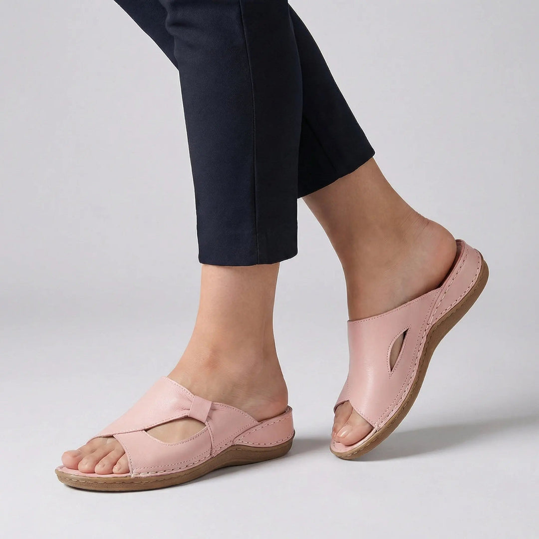 Blue women's open-toe orthopedic slide sandals, offering comfortable arch support for everyday wear.