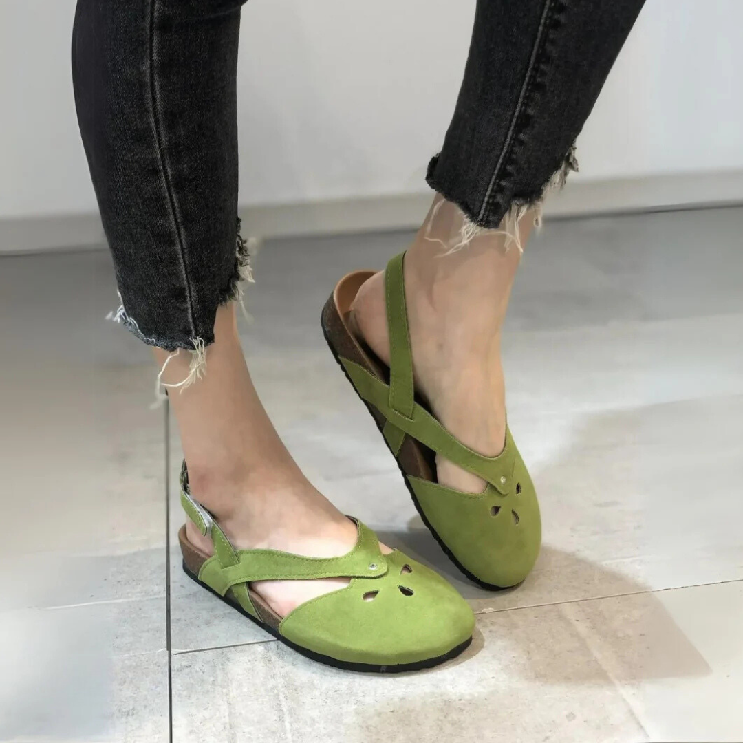 Comfortable women's orthopedic sandals, slingback style with cross-straps & excellent arch support for walking.