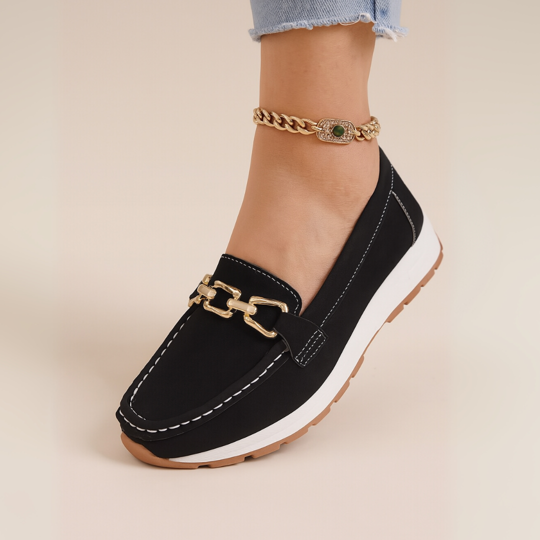 Easy slip-on women's orthopedic loafers with elegant chain, offering ultimate comfort for all-day wear.