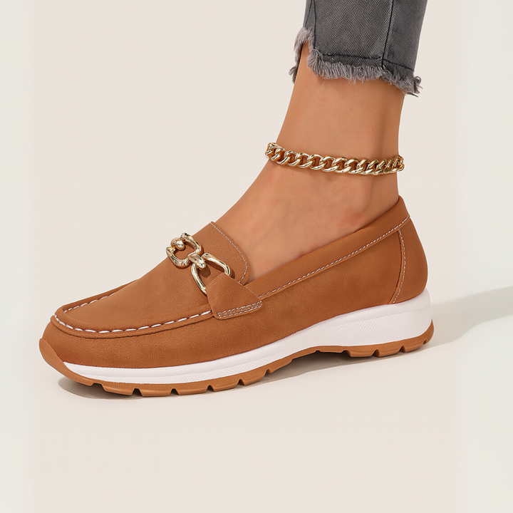 Versatile women's orthopedic loafers with chic chain detail, suitable as comfortable casual or dress shoes.