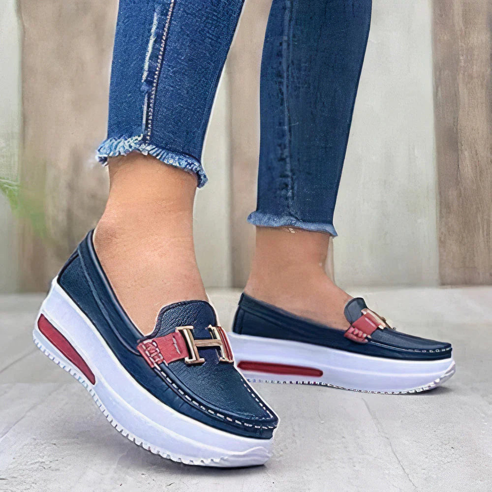 Woman wearing comfortable orthopedic shoes, demonstrating their suitability for all-day wear.