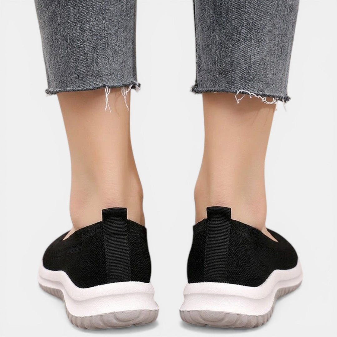 Close-up of the easy wear women's slip-on orthopedic sneakers, highlighting flexible upper.