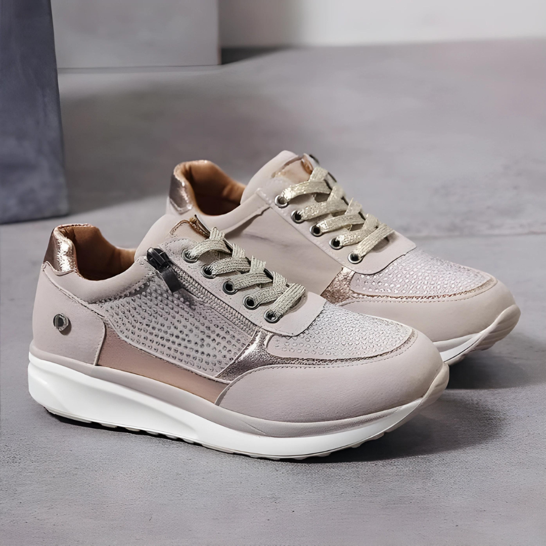Woman wearing casual orthopedic sneakers for ultimate comfort and foot support.