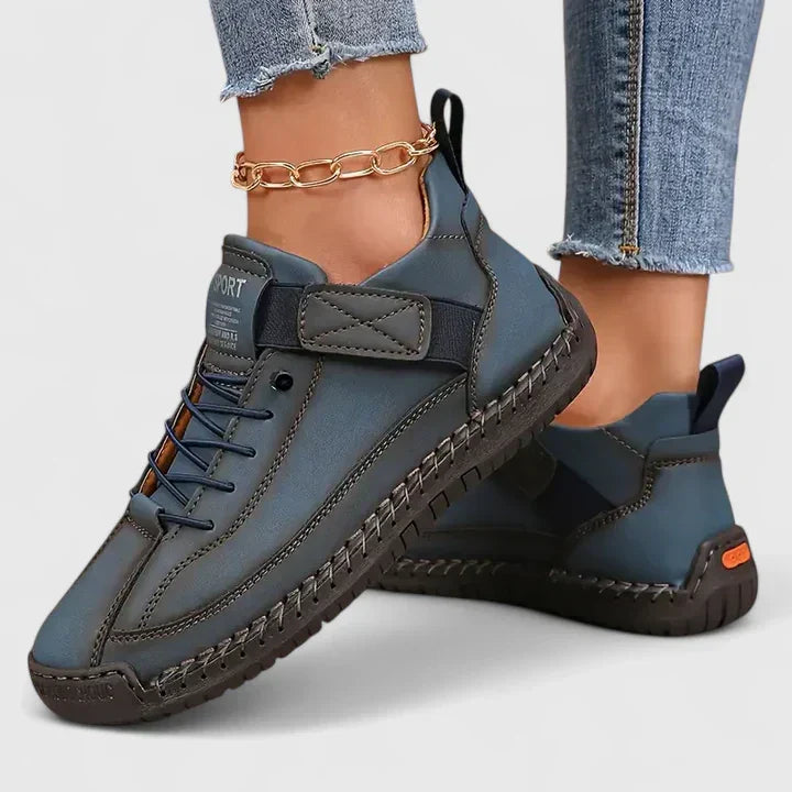 Comfortable women's footwear: strap sneakers with cushioning and arch support.