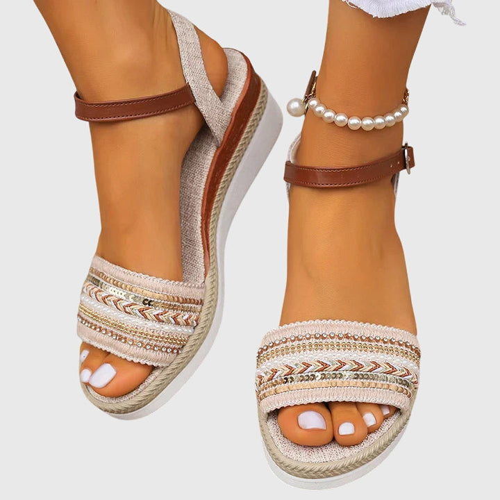 View of women's orthopedic summer sandals, highlighting adjustable straps & cushioned footbed for ultimate comfort.