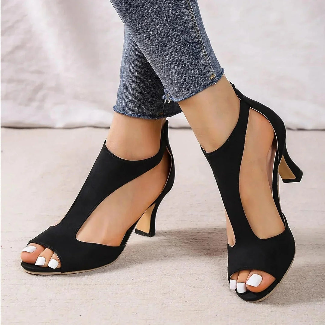 Elegant women's T-strap open-toe mid-heels, perfect dress shoes for summer events or comfortable daily wear.