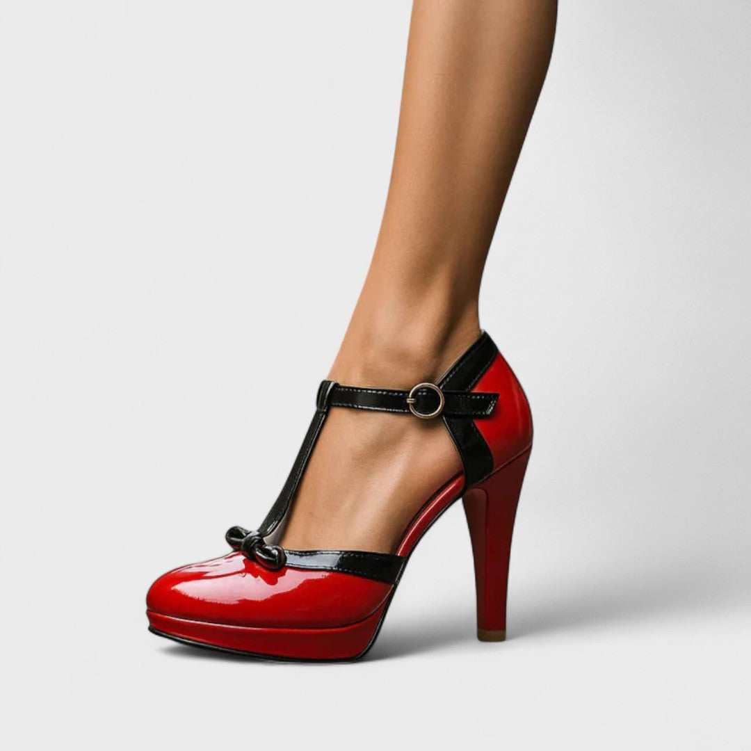 Comfortable women's dress heels: T-strap platform design with orthopedic features & elegant look.
