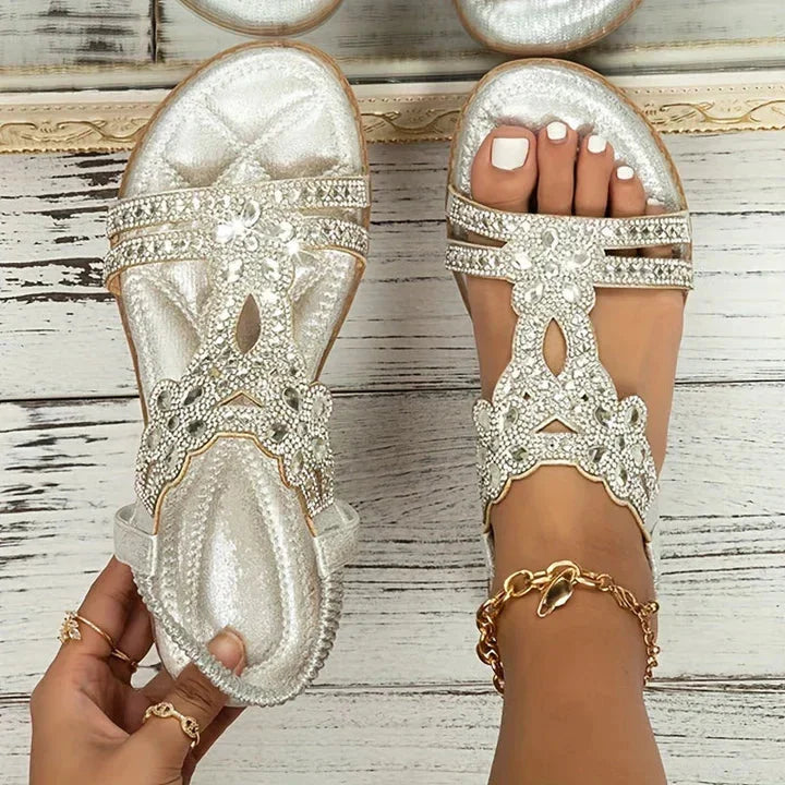 Supportive women's orthopedic T-strap sandals, elegant boho design with rhinestones for ultimate comfort.