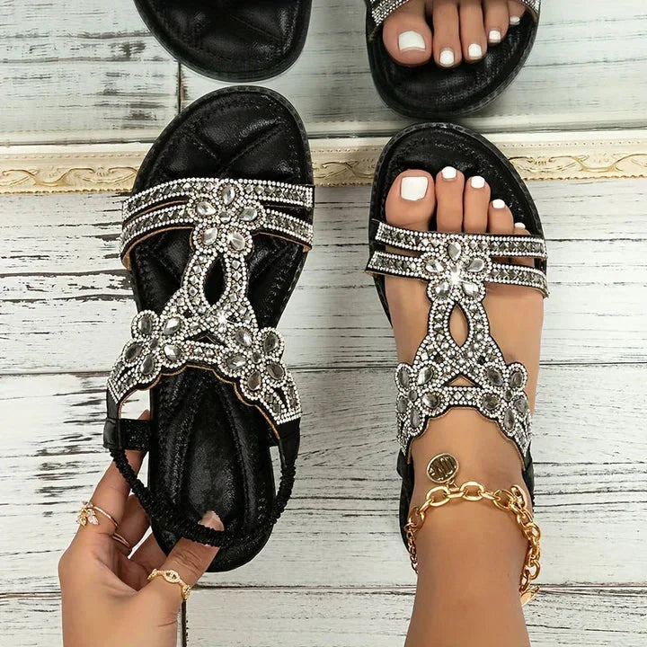 Elegant women's boho T-strap sandals with sparkling rhinestones, perfect for summer casual comfort.