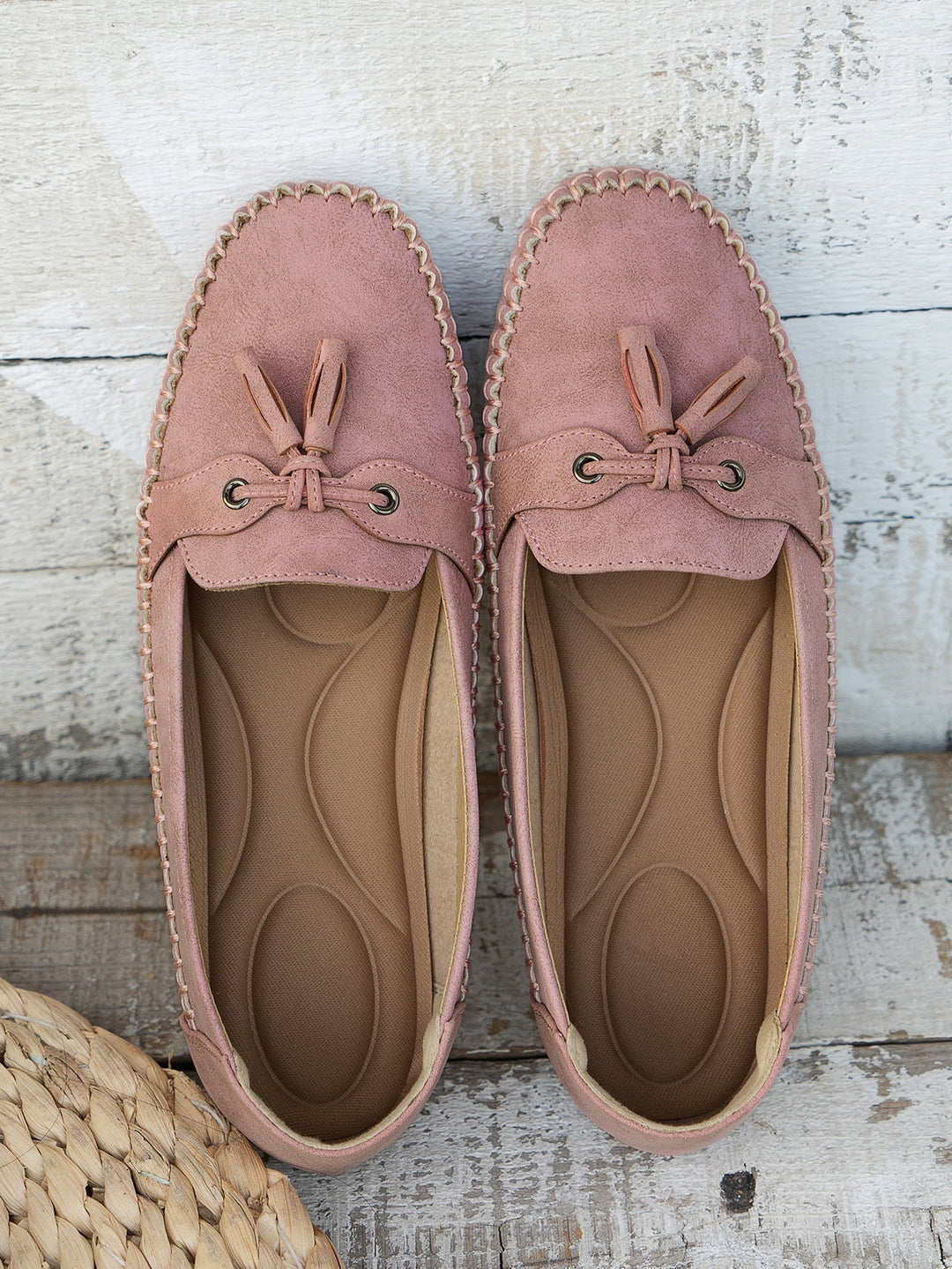 Women's orthopedic dress loafers, elegant tassel design, comfortable slip-on style with arch support.