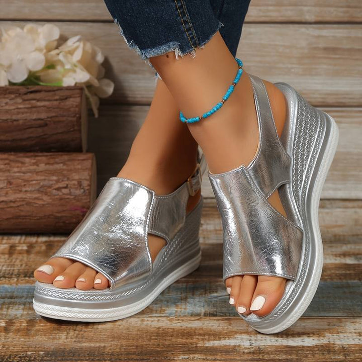 Women's orthopedic wedge sandals with arch support for all-day comfort. Ideal summer platform footwear.