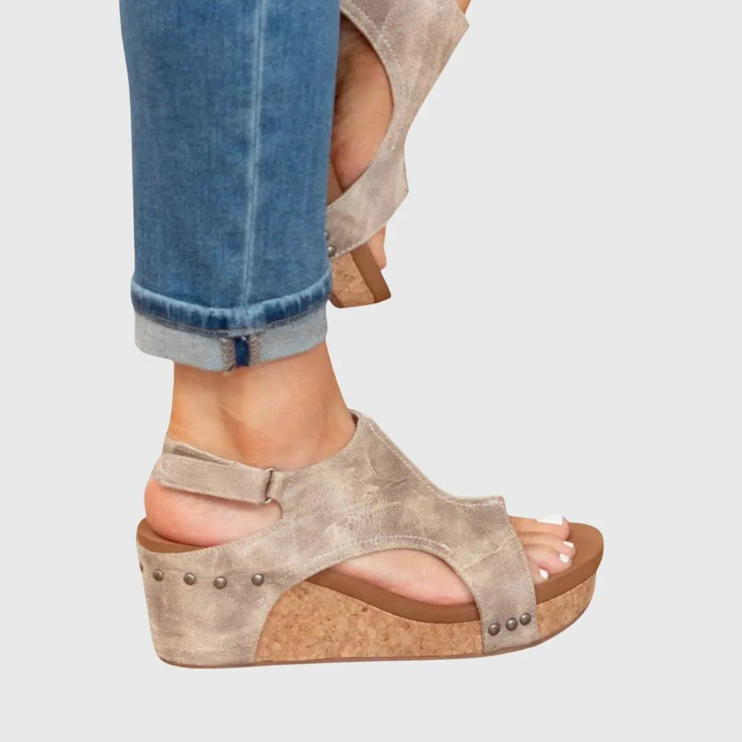 Elegant women's wedge sandals, platform style. Orthopedic slingbacks provide arch support & comfort.