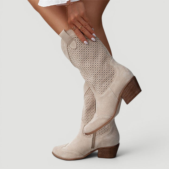 Mid-calf orthopedic western boots for women, featuring arch support and breathable comfort for walking.