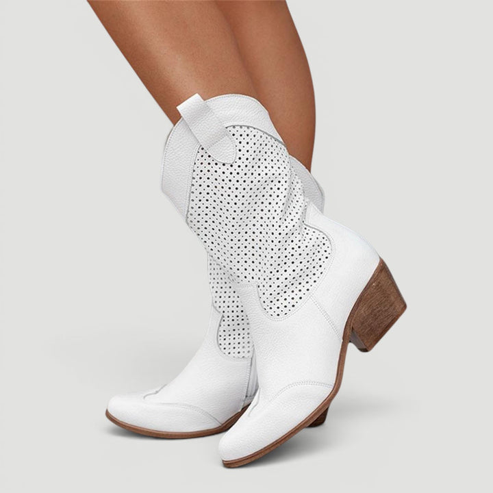 Fashionable mid-calf western boots for women, offering orthopedic arch support and breathable style.