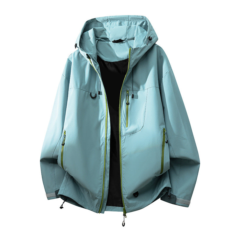 Waterproof women's hiking jacket; windproof activewear with adjustable hood & functional pockets.