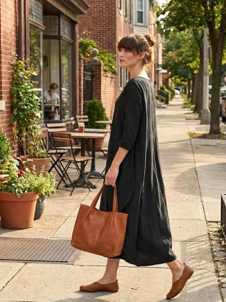 Women's comfortable 3/4 sleeve maxi dress, oversized bohemian fit, great for spring/summer.