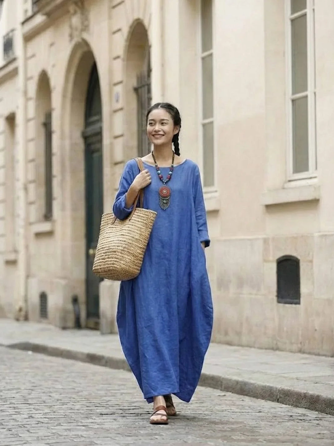 Women's relaxed fit boho maxi dress, 3/4 batwing sleeves, comfortable and flowy for summer.