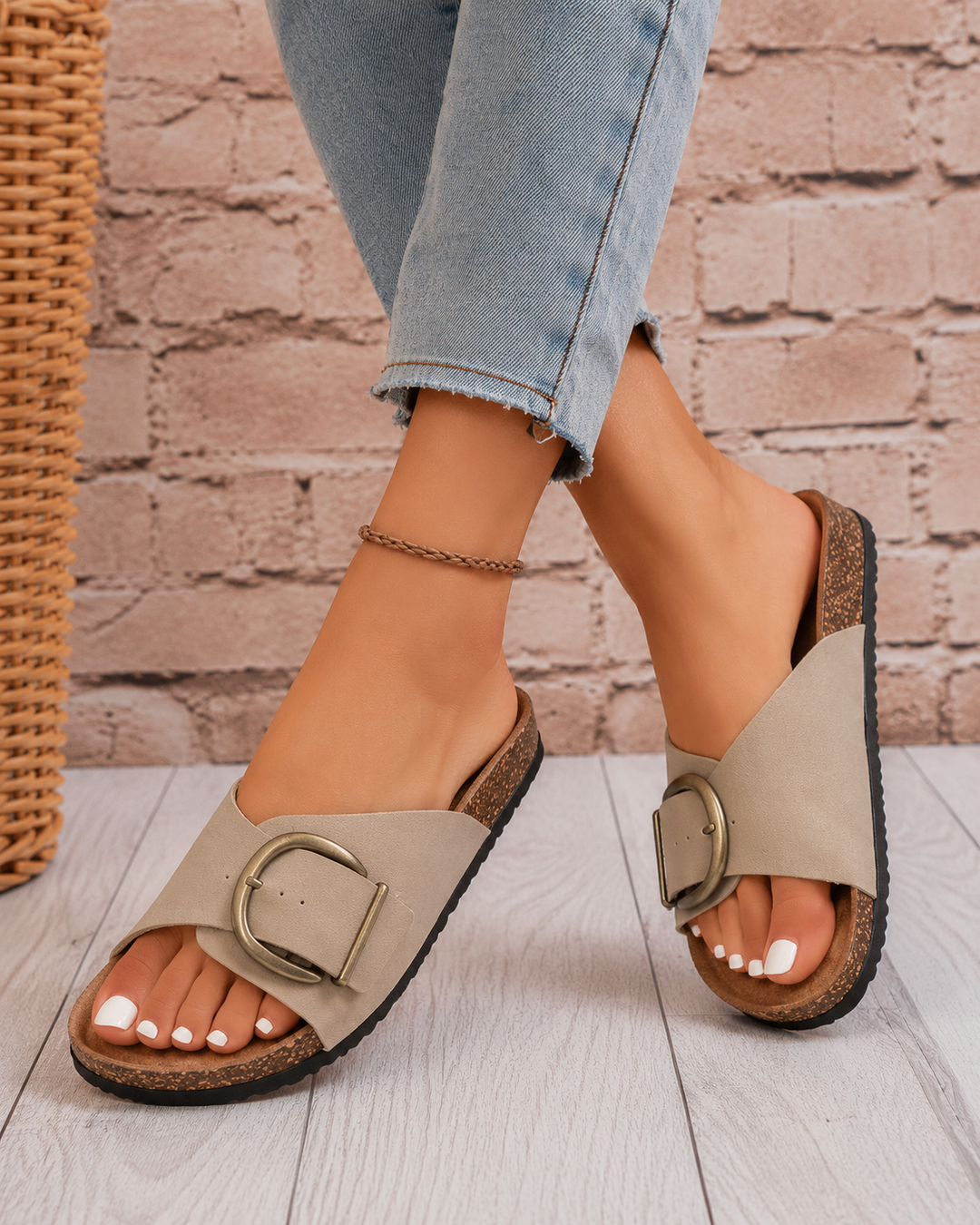 Stylish women's oversized buckle slides, perfect for summer holidays. Comfortable and fashionable casual slip-on sandals.