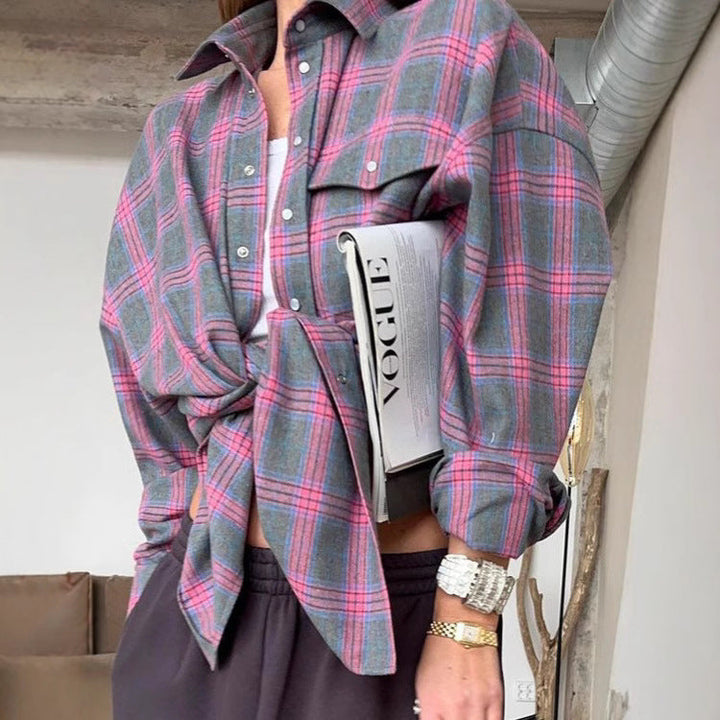 Women's oversized checked shirt blouse, casual & stylish, perfect for everyday wear.