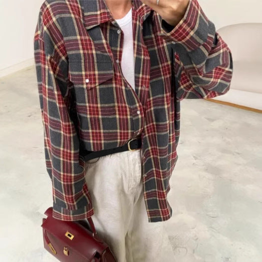 Women's casual plaid button-down shirt, oversized silhouette, versatile everyday blouse.
