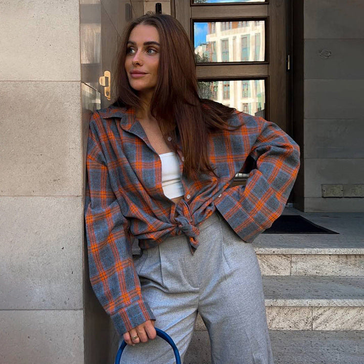 Long sleeve women's plaid shirt, oversized fit, button down, a versatile casual top.