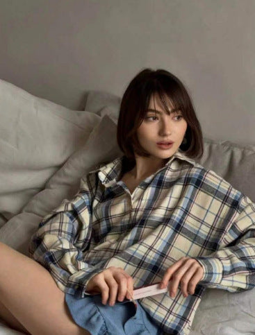 Stylish women's checked blouse, loose fit, ideal for fall & spring fashion.
