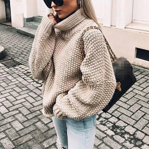 Chunky knit women's turtleneck sweater with stylish oversized fit & balloon sleeves for ultimate winter warmth.