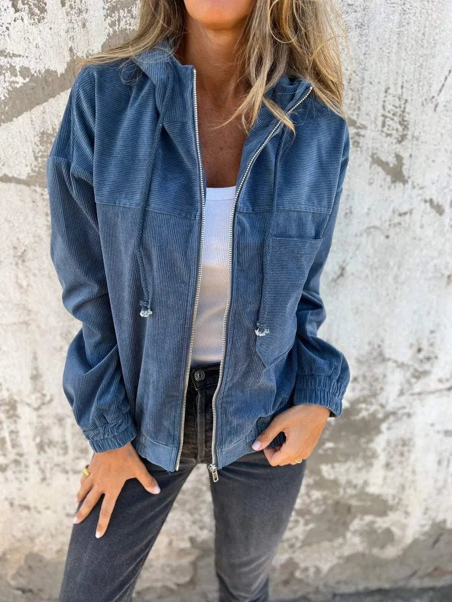 Women's oversized corduroy quilted hooded zip-up jacket, perfect for casual fall & spring layering. Comfortable everyday style.
