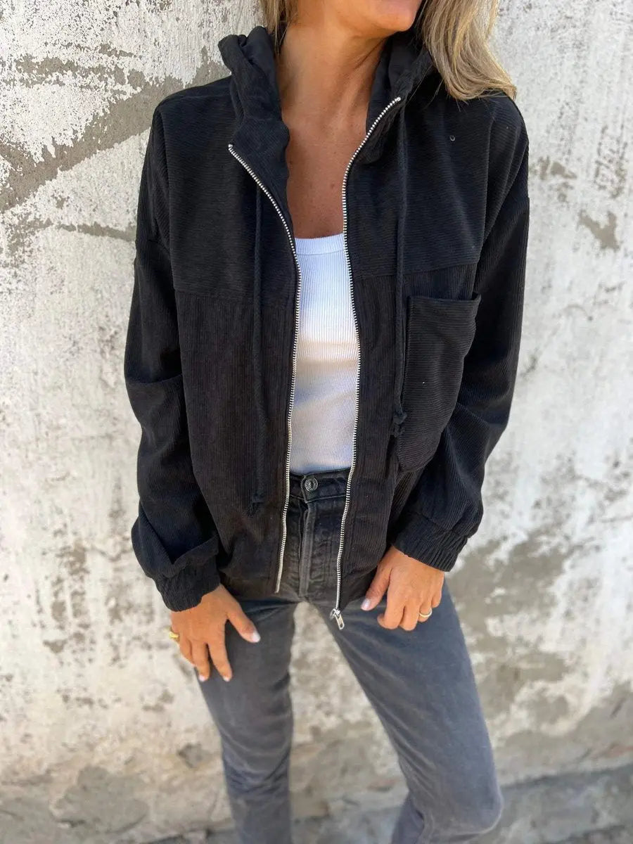 Comfortable women's oversized corduroy quilted hooded zip-up jacket. Versatile casual outerwear for ladies' fall/spring fashion.