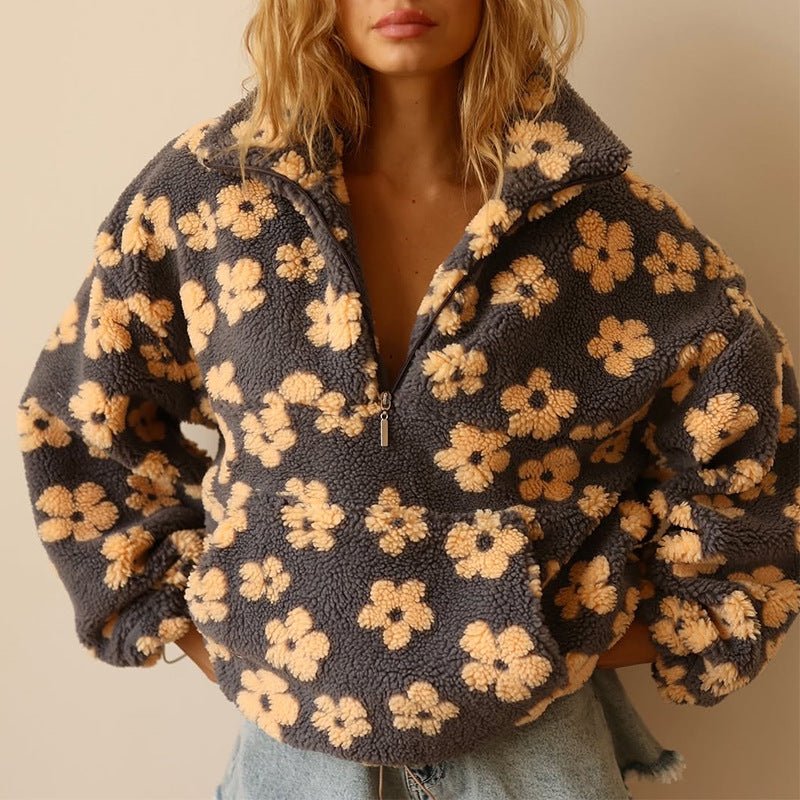Women's oversized floral half-zip sweater jacket, perfect for cozy fall & winter casual wear.