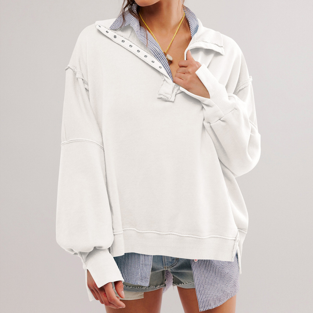Long sleeve women's henley top, oversized and relaxed, ideal for versatile casual wear & all-season comfort.